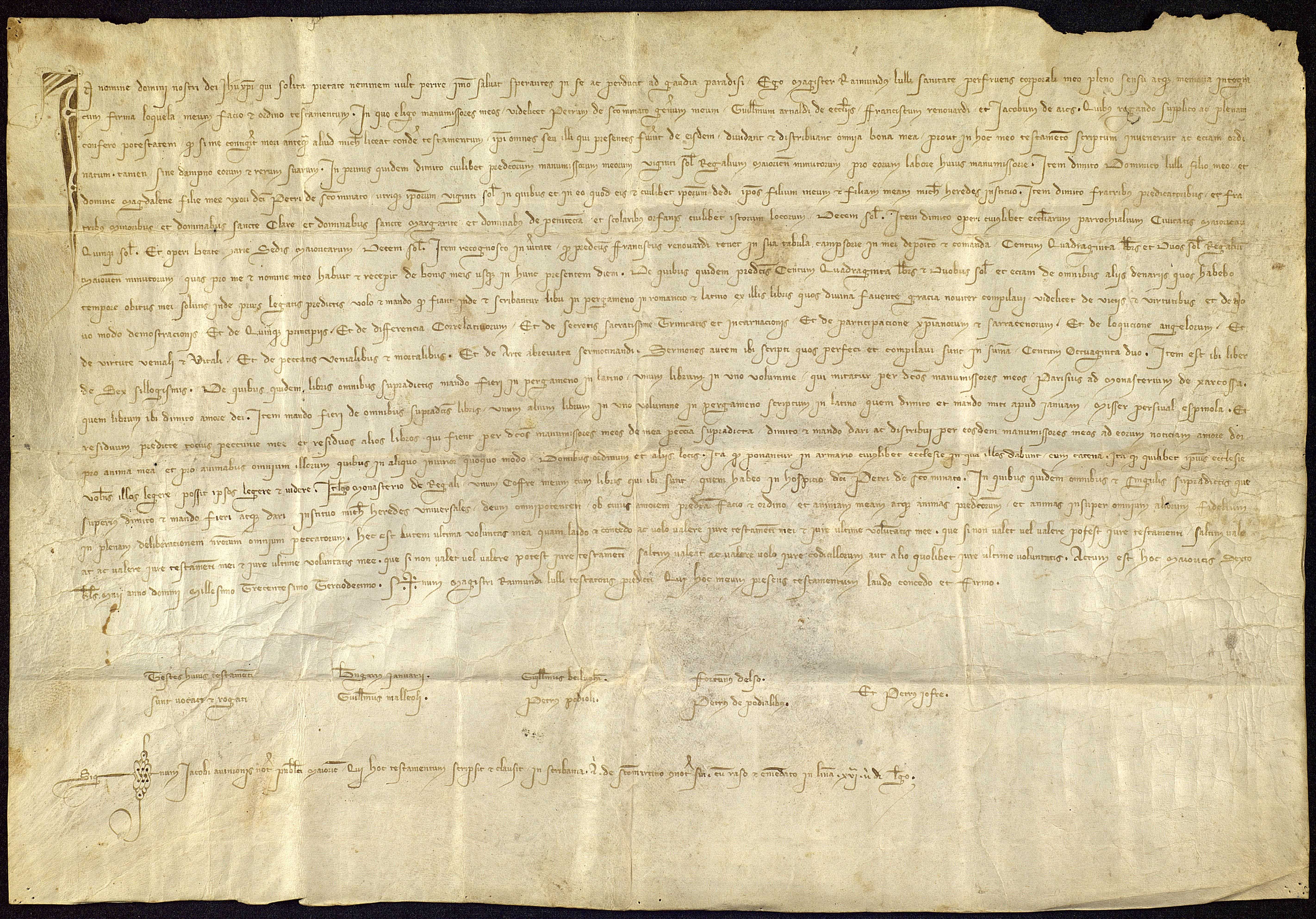 Testament de Ramon Llull. Arxiu dels Marquesos de Santa Maria de Barberà (Vilassar de Dalt)